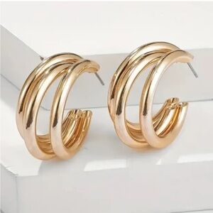 NEW Gold tone triple hoop post pierced earrings